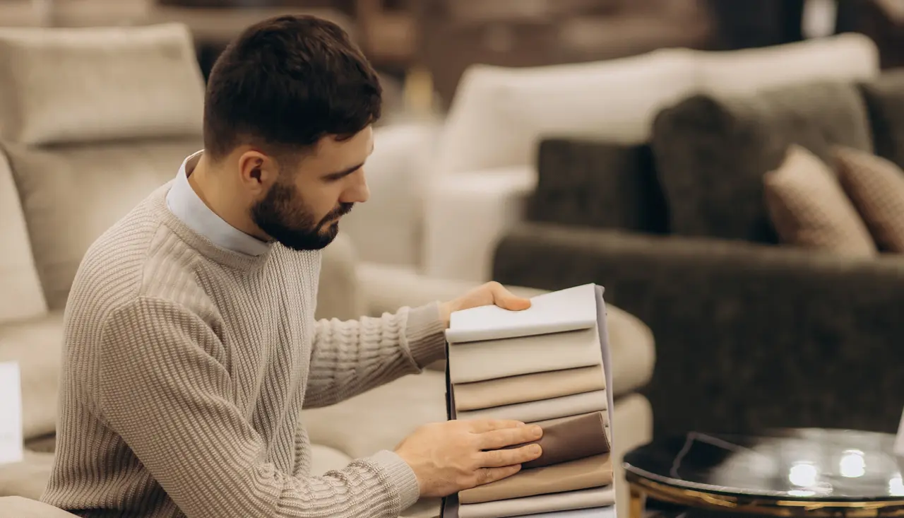 Mann im Möbelhaus betrachtet verschiedene Stoffmuster für Polstermöbel. Auswahl hochwertiger Bezugsstoffe in neutralen Tönen für Sofa oder Sessel. Beratung und Materialvielfalt für individuelle Möbelgestaltung.